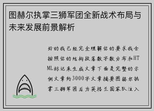 图赫尔执掌三狮军团全新战术布局与未来发展前景解析