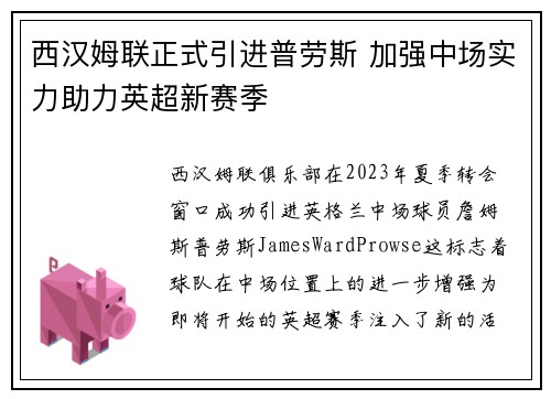 西汉姆联正式引进普劳斯 加强中场实力助力英超新赛季